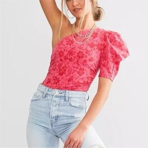 Free People somethin bout you One-Shoulder Puff Sleeve Floral Bodysuit Pink